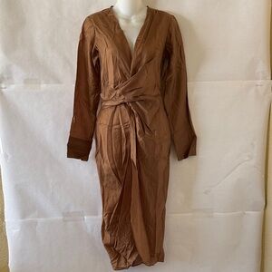 Dolami Brown Satin Look Midi Dress Size M Sheer Faux Wrap Long Sleeve Minimalist